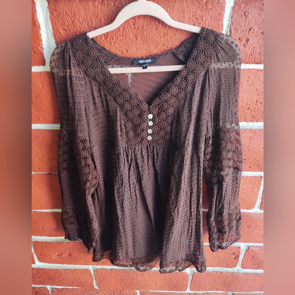EUC Daniel Rainn Boho Style Brown Sheer Top Size M
